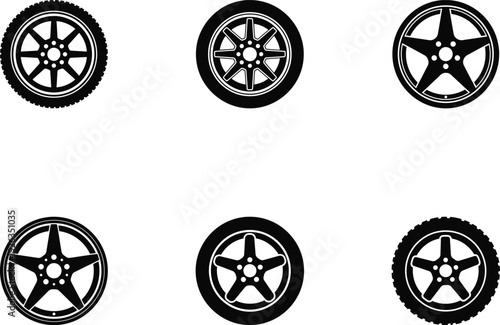 car wheel icon set silhouette on white background