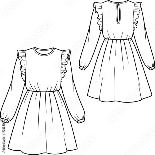 Flat vector CAD drawing of long sleeve girls dress with ruffle shoulder, gathered waist, back opening, technical fashion sketch