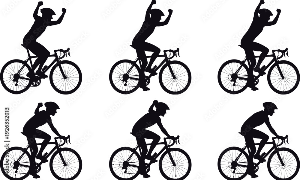 Fototapeta premium Cyclist silhouette set showing road bike rider in different racing poses, professional cycling action illustration isolated on white background for sport and fitness design