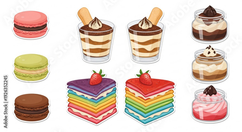 Colorful assorted desserts including macarons cakes and mousse in glasses on white background