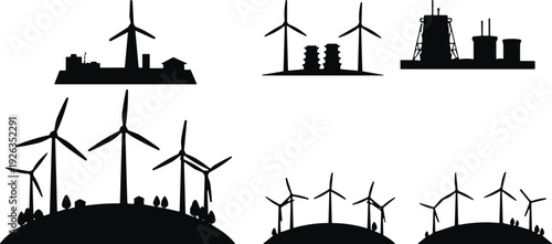 Wind Turbine Farm and Power Plant Silhouettes Isolated on White Background, Renewable and Industrial Energy Production Concept Set