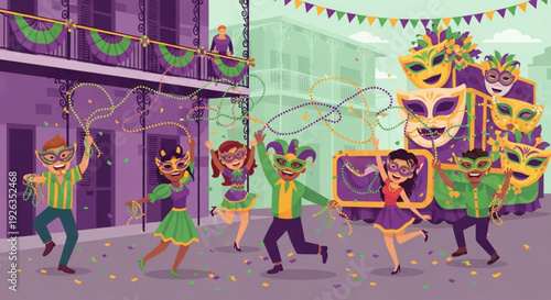 Mardi gras parade with people wearing colorful masks and beads dancing on a street