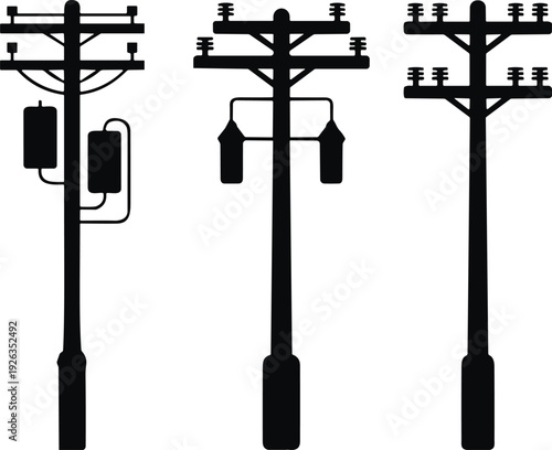 Electric Utility Poles with Transformers and Power Lines Silhouette Set Isolated on White Background, Electricity Infrastructure Concept Illustration