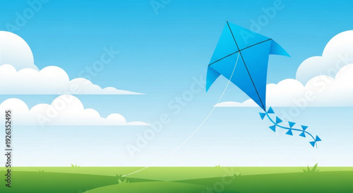 Vibrant blue kite soars through clear sky with white clouds green grassy field below symbolizing freedom and joy in a serene outdoor
