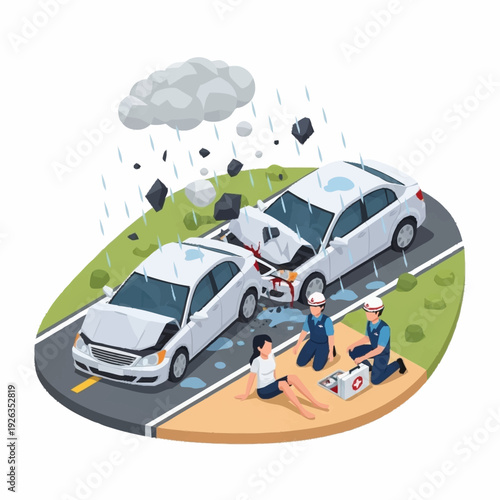 Car accident on a rainy road with emergency responders.