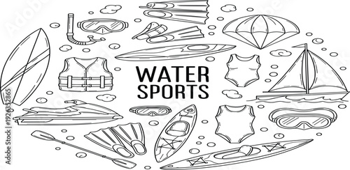 Water Sports Equipment Doodle Set with Surfboard Kayak Snorkel Sailing and Diving Gear Hand Drawn Outline Vector Illustration Collection