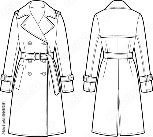 Flat vector CAD drawing of long trench coat for women, featuring belt, button front, wide lapel collar, and back vent