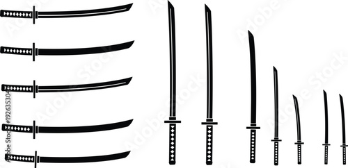 Japanese Katana Sword Set Samurai Weapon Silhouette Collection Traditional Martial Arts Blades Black Vector Illustration for Ninja and Warrior Design