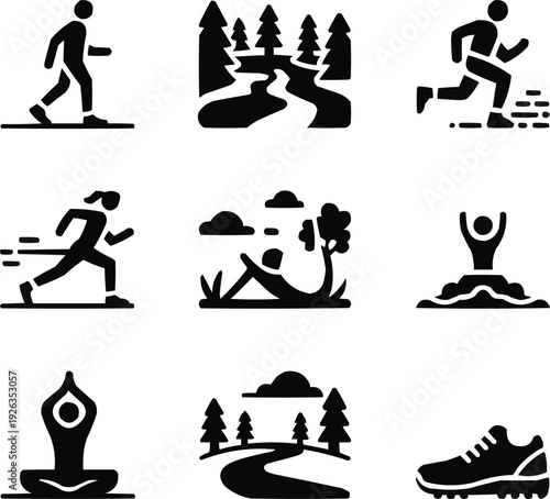 Outdoor Fitness Solid Icons Set  Hiking, Trail Running, and Nature Workout