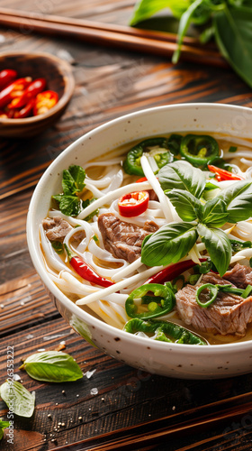 Delicious Vietnamese Pho soup with beef, noodles, chili peppers, and fresh basil leaves
