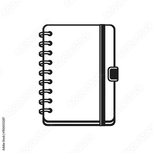 Simple vector icon of a spiral-bound notebook with an elastic closure band, featuring a blank cover. Ideal for school, office, journaling, note-taking, planning, stationery, digital assets, business,