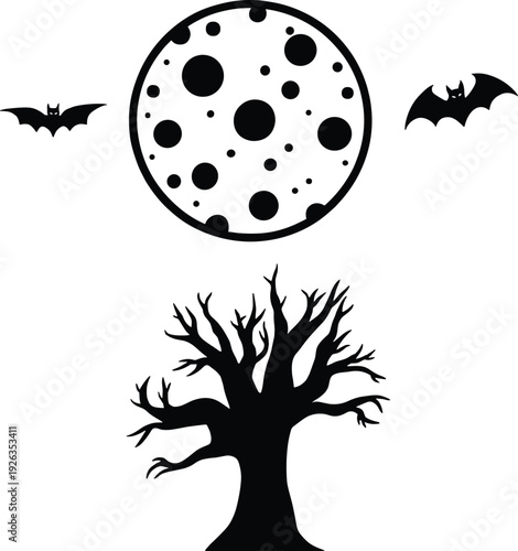 Black silhouette collection featuring a spooky dead tree, full moon with craters and flying bats isolated on a white background