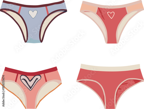 Set of colorful women's cotton panties with heart patterns and cute designs isolated on white, concept for feminine fashion and comfortable underwear