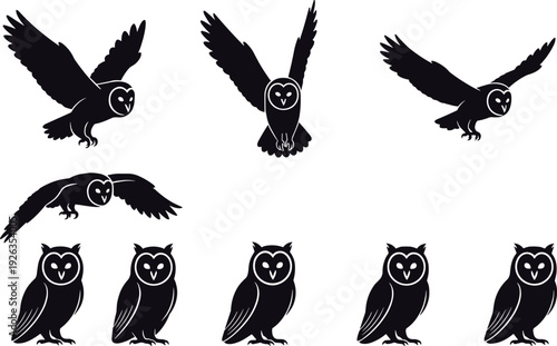 Owl silhouette collection set featuring flying and standing poses, vector illustration of nocturnal bird isolated on white background for wildlife and logo design