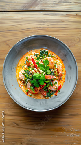 Spicy Thai Tom Yum Goong soup with succulent shrimp and fresh herbs, a vibrant dish