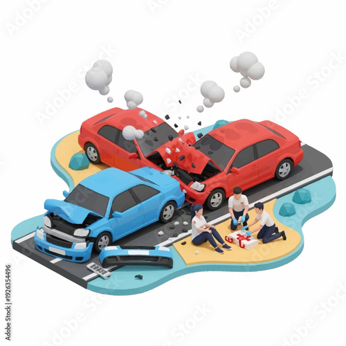Isometric illustration of a car accident scene with people and damaged vehicles.