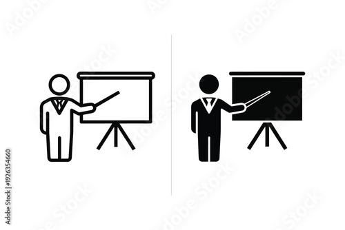 Businessman Presenting at Whiteboard Icon in Line and Solid Styles