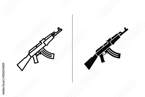 AK-47 Rifle Icons: Line Art and Solid Black for Military, Conflict, and Security Themes