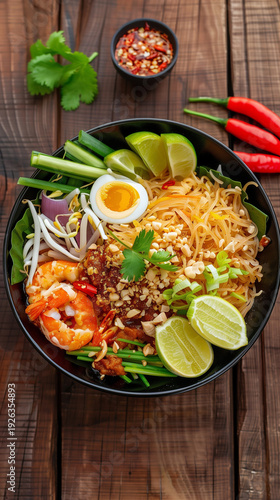 Delicious Pad Thai with Shrimp, Egg, and Fresh Lime on a Rustic Wooden Table