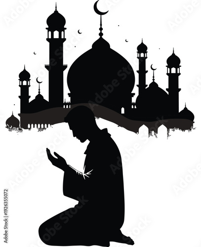Muslim man praying silhouette with grand mosque skyline, crescent moon and minarets, Ramadan Kareem Islamic vector illustration isolated on white background