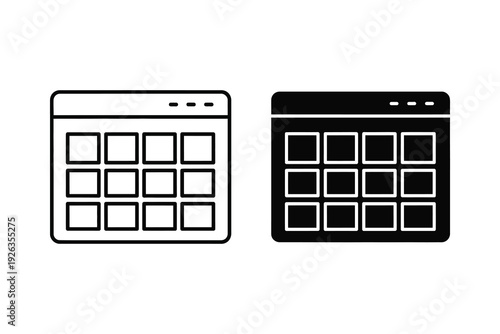 Grid or Calendar Icons: Outline and Solid Black for Planning, Schedule, and Organization
