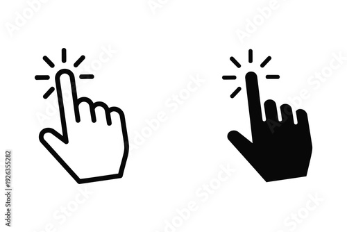 Click or Pointer Hand Icons: Outline and Solid Black for Interaction and Selection