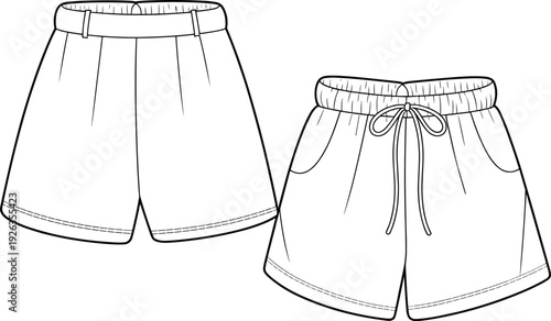 Flat vector CAD drawing of men's casual shorts, technical fashion sketch, front and back view, design template for apparel