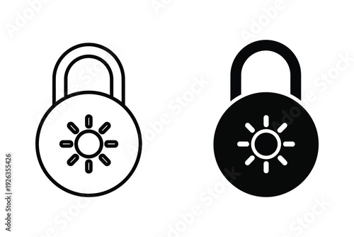 Sun Lock Icon: Outline and Silhouette for Security and Protection
