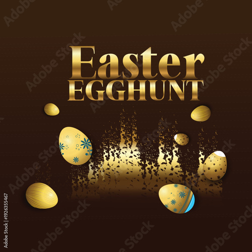 Easter egg hunt vector graphic illustration with golden eggs on brown background design