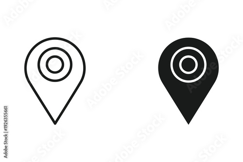 Location Pin Icon: Concentric Circles Marker in Outline and Solid Black for Places