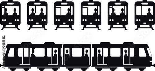 Train silhouettes collection with passengers inside, front and side metro views isolated on white background, public transportation vector illustration for urban travel concept