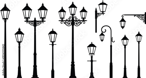 Vintage street lamp silhouettes collection, classic outdoor lantern posts and decorative iron lampposts, black and white vector illustration set