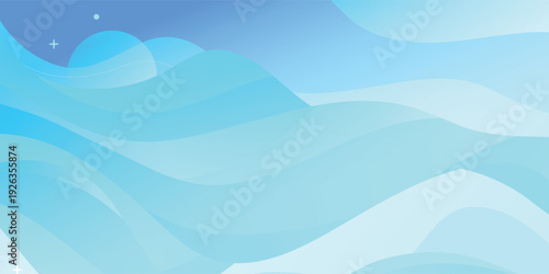 Abstract light blue and cyan wavy background with layered fluid shapes and rising sun.