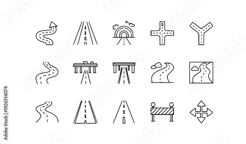 Thin Line Travel Road and Tunnel Icons with Crossroad and Motorway Vector Pictogram Set