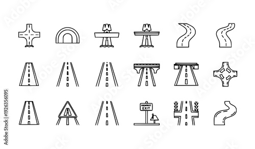 Pixel Perfect Thin Line Road and Highway Icons Set with Crossroads and Tunnel Vector Pictograms