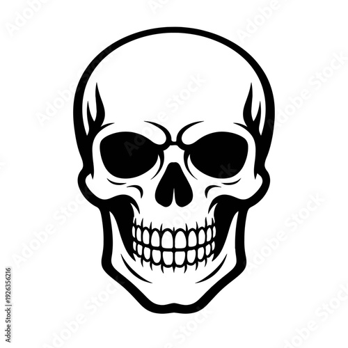 Striking B&W stylized human skull vector graphic with bold outlines, deep dark eye sockets, distinct teeth. Ideal for Halloween, gothic, pirate themes, tattoo art, danger warnings, edgy branding. A ve