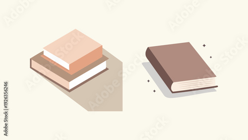Two isometric-style book illustrations, one stacked and one individual, on a light beige background with subtle shadows and speckles, representing knowledge and education