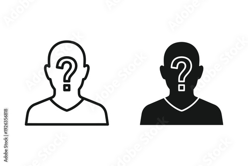 Anonymous Person Icon: Line Art and Solid Silhouette with Question Mark