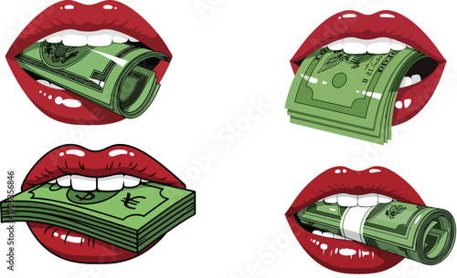 Pop Art Red Lips with Money Vector Collection. Includes rolled, folded, and stacked dollar bills held in mouths. Created in comic book style with red and green palette.