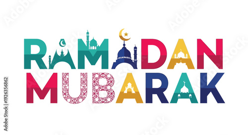 Colorful ramadan mubarak typography with a crescent moon and star illustration