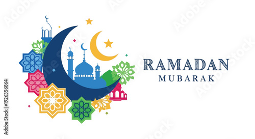Ramadan mubarak illustration with crescent moon mosque and islamic star designs