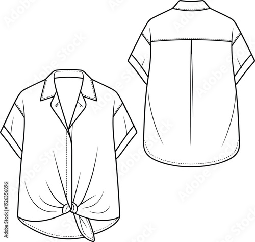 Flat vector CAD drawing of short sleeve button down knot front blouse with lapel collar, back yoke, rolled cuff sleeves, fashion sketch