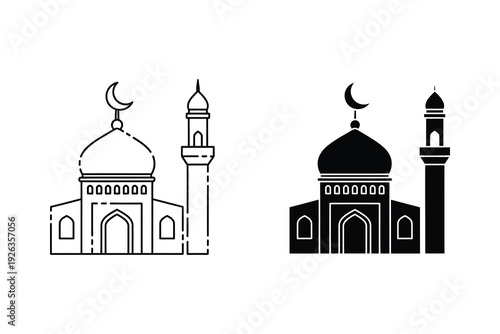 Traditional Islamic Mosque Building with Minaret and Crescent Moon Vector Icon | Religion Symbol