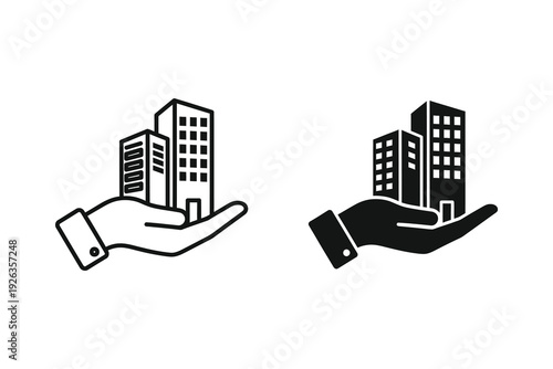 Real Estate Investment Icon - Hand Holding Buildings