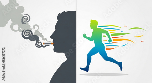 Healthy lifestyle choices concept with smoker and runner silhouettes in contrasting environments