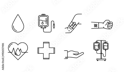 Blood donation transfusion line icon vector set