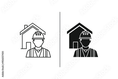 Construction worker icon with house silhouette, line art and solid styles