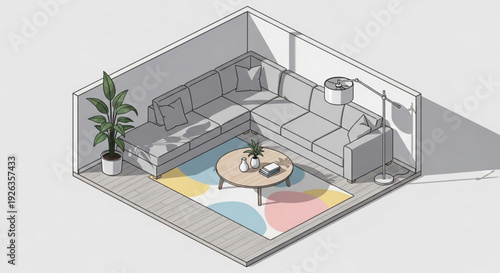 Modern living room interior with gray couch colorful rug and plants in minimalist decor