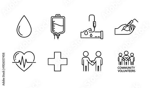 Life saving blood drive outline icons vector set