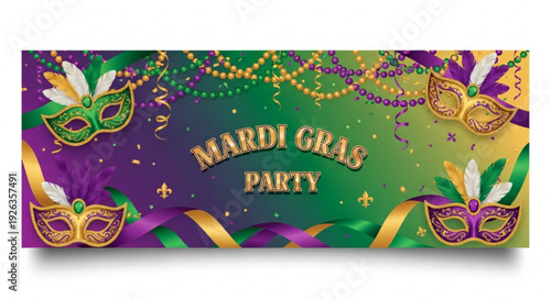Vibrant mardi gras party banner with colorful masks beads purple green gold